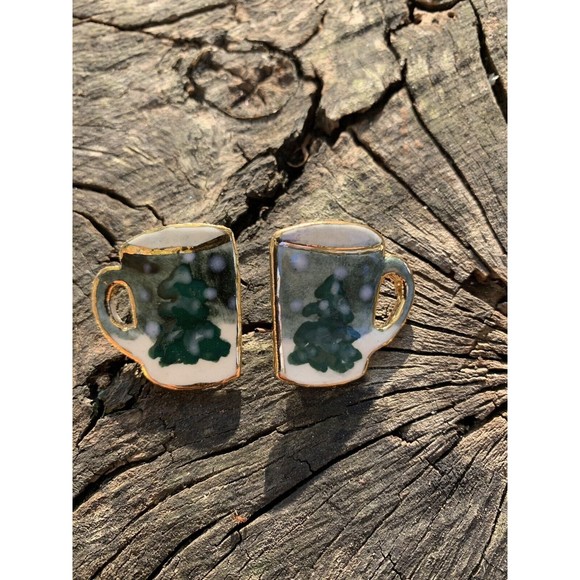 Vintage Christmas Coffee Mug Earrings Handmade Painted on Christmas Trees - Picture 3 of 6